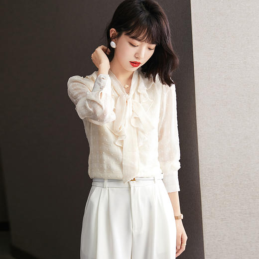 KQL-638T6615秋雪纺衬衫女装新款潮长袖上衣设计感系带小众衬衣 商品图4