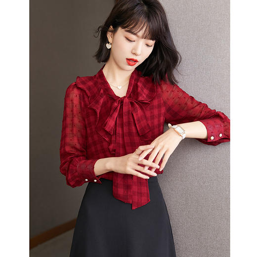 KQL-638T6615秋雪纺衬衫女装新款潮长袖上衣设计感系带小众衬衣 商品图1