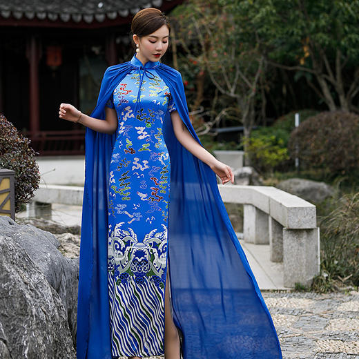 MLX-8839-新款大码长款红色旗袍连衣裙复古双层舞蹈演出服结婚晚宴礼服 商品图3