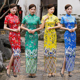 MLX-8839-新款大码长款红色旗袍连衣裙复古双层舞蹈演出服结婚晚宴礼服