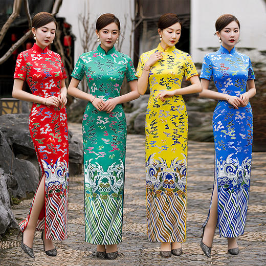 MLX-8839-新款大码长款红色旗袍连衣裙复古双层舞蹈演出服结婚晚宴礼服 商品图0