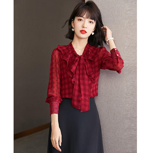 KQL-638T6615秋雪纺衬衫女装新款潮长袖上衣设计感系带小众衬衣 商品图2
