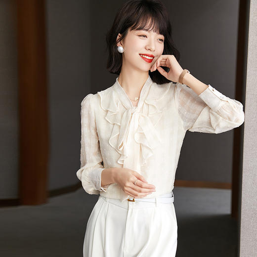 KQL-638T6615秋雪纺衬衫女装新款潮长袖上衣设计感系带小众衬衣 商品图3