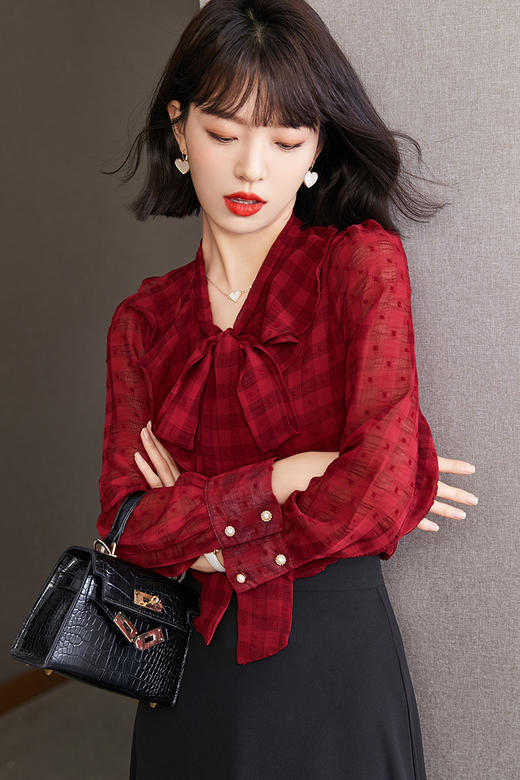KQL-638T6615秋雪纺衬衫女装新款潮长袖上衣设计感系带小众衬衣 商品图5
