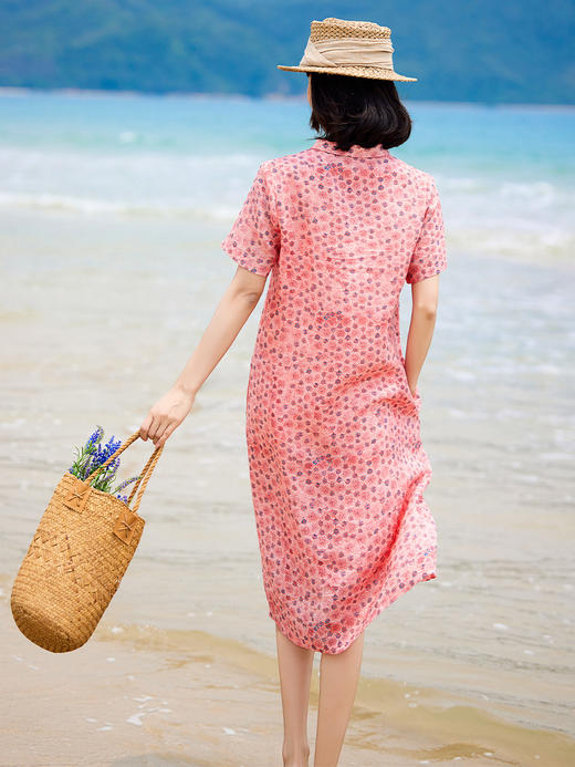 翻领改良旗袍裙，民族风苎麻印花文艺复古小个子连衣裙YM-S381 商品图3