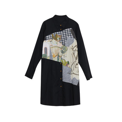 谜底宽松拼接连衣裙长袖2023秋新款复古文艺印花中长裙233ML1152 商品图4