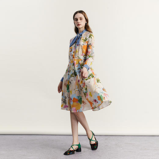 谜底花色连衣裙2023秋新款复古文艺特色拼接中长裙长袖233ML1154 商品图0