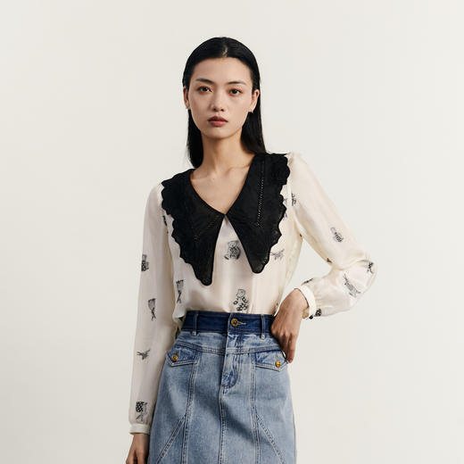 谜底娃娃领衬衫长袖女2023秋新款复古文艺宽松提花衬衣233MC1055 商品图0