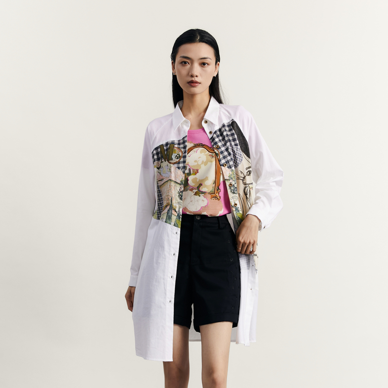 谜底宽松拼接连衣裙长袖2023秋新款复古文艺印花中长裙233ML1107