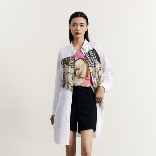 谜底宽松拼接连衣裙长袖2023秋新款复古文艺印花中长裙233ML1107 商品图0