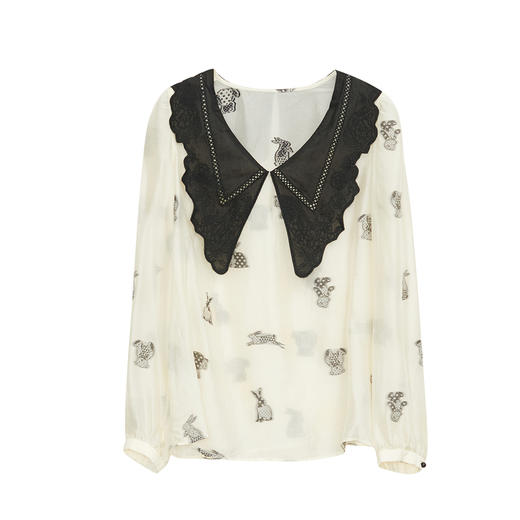 谜底娃娃领衬衫长袖女2023秋新款复古文艺宽松提花衬衣233MC1055 商品图4