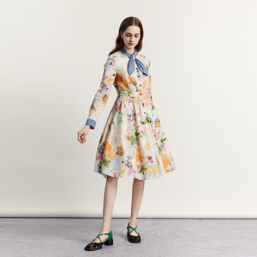 谜底花色连衣裙2023秋新款复古文艺特色拼接中长裙长袖233ML1154 商品图1