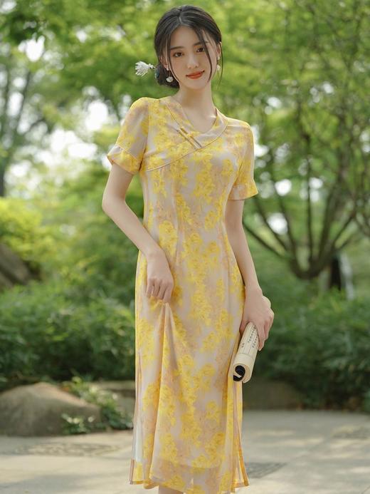 GSJ-5522中式奥黛连衣裙中长款短袖复古日常夏季新款V领改良版中国风旗袍 商品图0