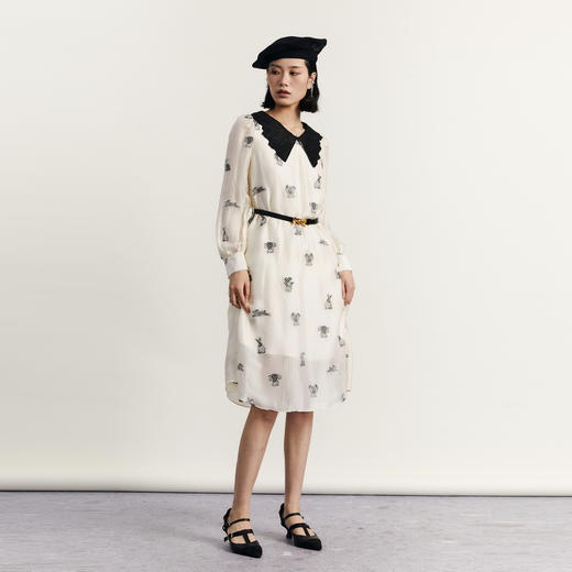 谜底提花宽松连衣裙2023秋款复古文艺特色娃娃领中长裙233ML1143 商品图1