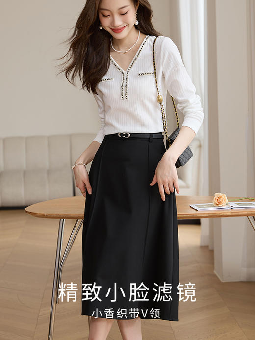 【1件82折】熙世界撞色编织小香风V领针织T恤女长袖设计感别致上衣2025秋新款 商品图1