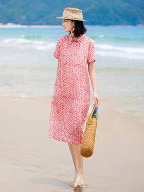 翻领改良旗袍裙，民族风苎麻印花文艺复古小个子连衣裙YM-S381