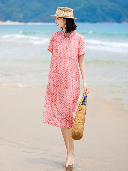 翻领改良旗袍裙，民族风苎麻印花文艺复古小个子连衣裙YM-S381 商品图0