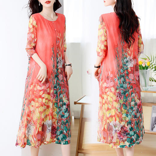 夏季新款，胖妹妹时尚复古大码长裙新中式假两件碎花连衣裙AHM-ygf7206 商品图2