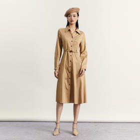 谜底通勤连衣裙2023秋季新款复古收腰中长裙长袖配腰带233ML1145