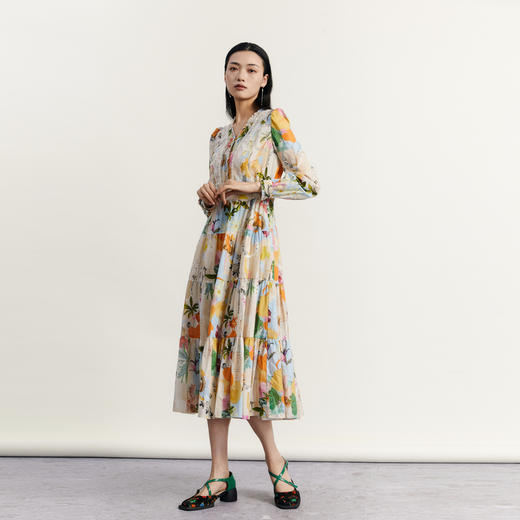 谜底花色连衣裙长袖女2023秋新款复古文艺提花收腰长裙233ML1090 商品图1
