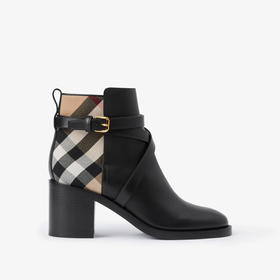 BURBERRY 巴宝莉 女士 House 格纹拼小牛皮及踝靴 黑色 8056818 A7626