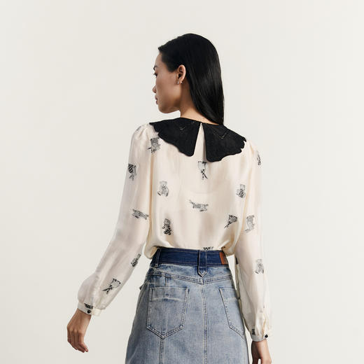 谜底娃娃领衬衫长袖女2023秋新款复古文艺宽松提花衬衣233MC1055 商品图2