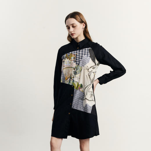 谜底宽松拼接连衣裙长袖2023秋新款复古文艺印花中长裙233ML1152 商品图1