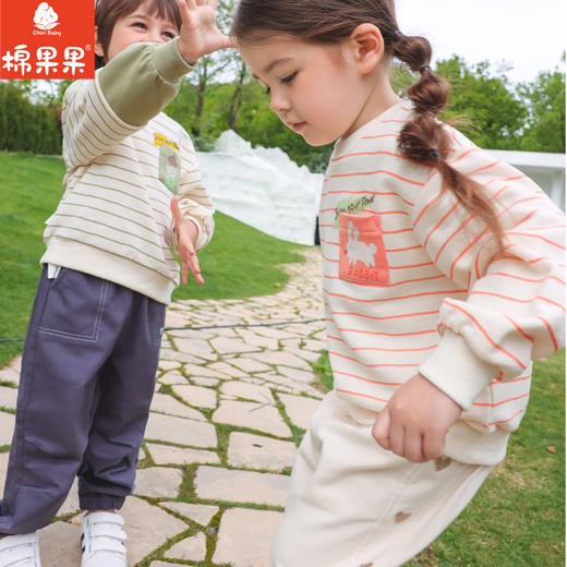 棉果果秋季新品女童大毛圈条纹圆领套头卫衣绒衫M322180223441 商品图0