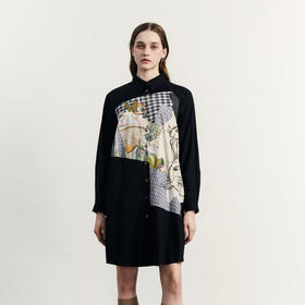 谜底宽松拼接连衣裙长袖2023秋新款复古文艺印花中长裙233ML1152