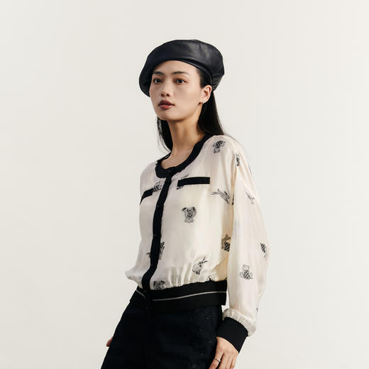 谜底短款提花外套女2023秋新款小香风圆领宽松外套长袖233MW1144 商品图1