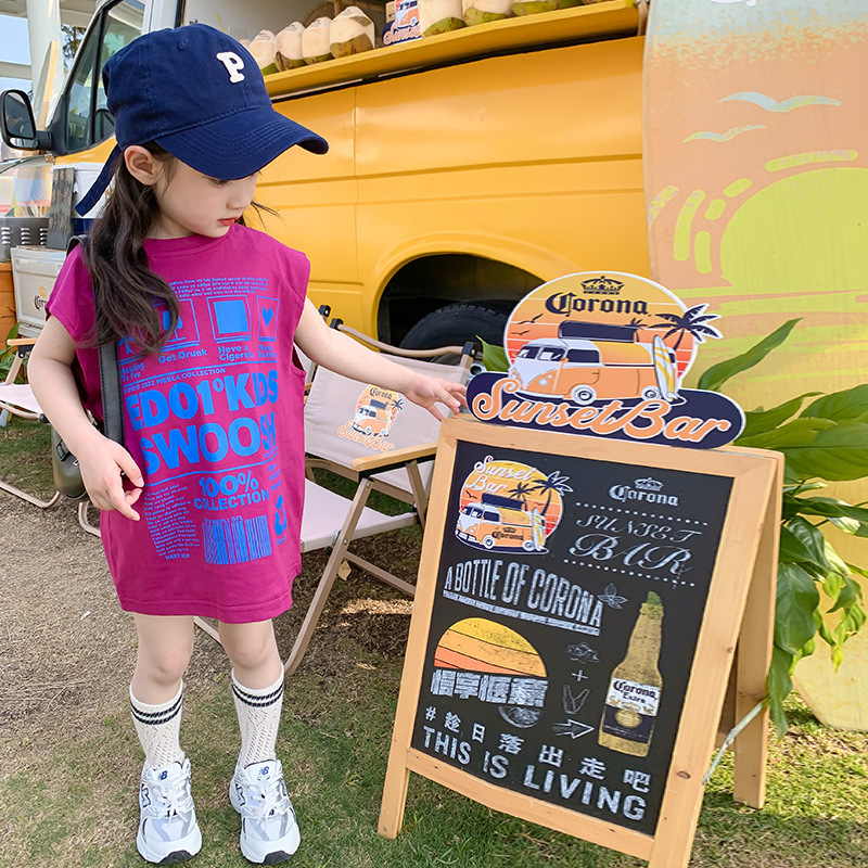 【韩国童装女童背心连衣裙】2023新款宽松洋气上衣 儿童无袖字母T恤裙 潮流有型舒适好穿 活力出街