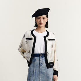 谜底短款提花外套女2023秋新款小香风圆领宽松外套长袖233MW1144