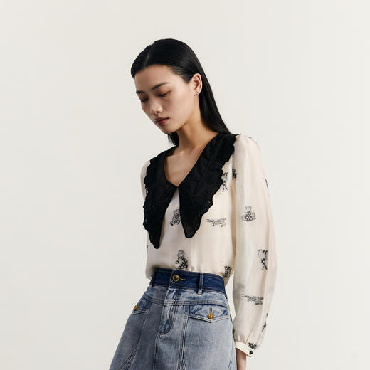 谜底娃娃领衬衫长袖女2023秋新款复古文艺宽松提花衬衣233MC1055 商品图1