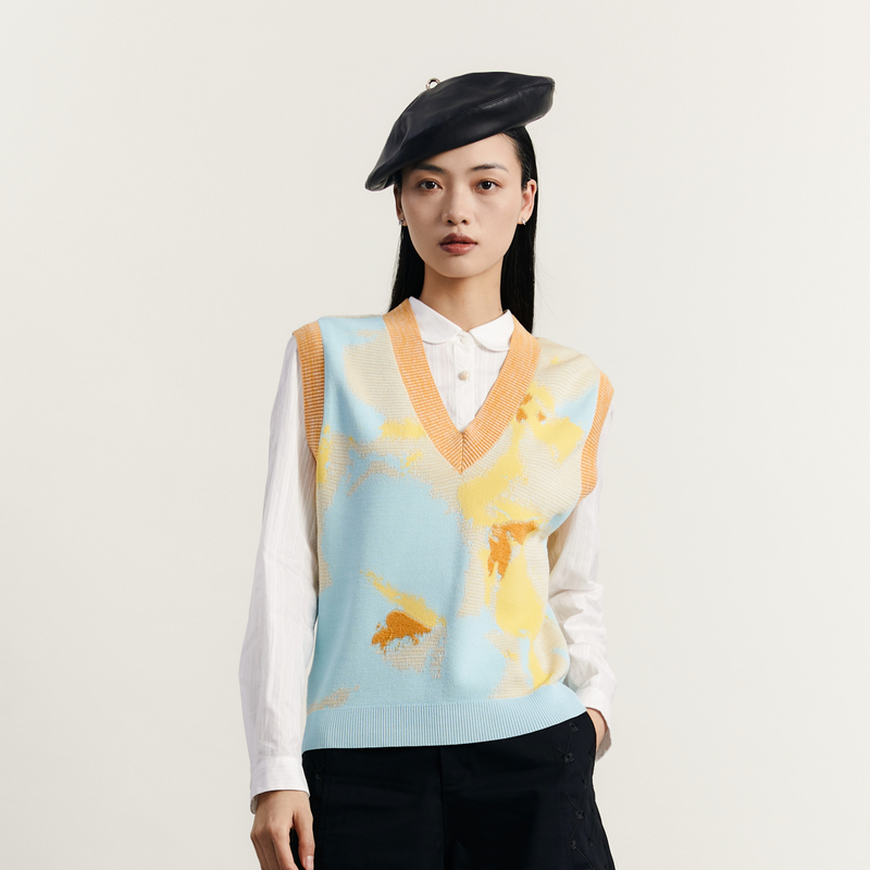 谜底V领套头针织衫背心女2023秋新款文艺风百搭宽松毛衫233MZ1292