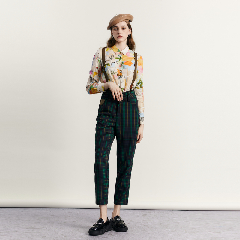 谜底格子可拆卸背带裤女2023秋新款复古格纹九分休闲裤233MK0968