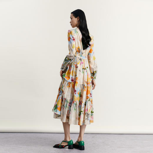谜底花色连衣裙长袖女2023秋新款复古文艺提花收腰长裙233ML1090 商品图2