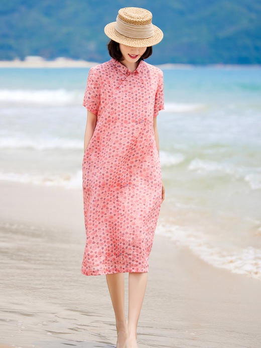 翻领改良旗袍裙，民族风苎麻印花文艺复古小个子连衣裙YM-S381 商品图1