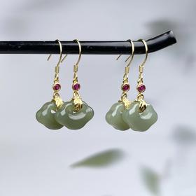 S925和田玉耳坠-青黄口如意