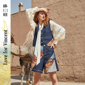 两三事梵高艺术斜阳麦浪 2023秋季新款复古优雅设计感牛仔裤短裤