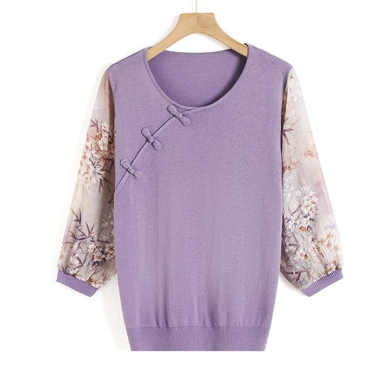 V领中袖七分袖上衣，女早秋t恤新中式女装中年妈妈秋装纱袖针织衫薄CC-28-3387 商品图4