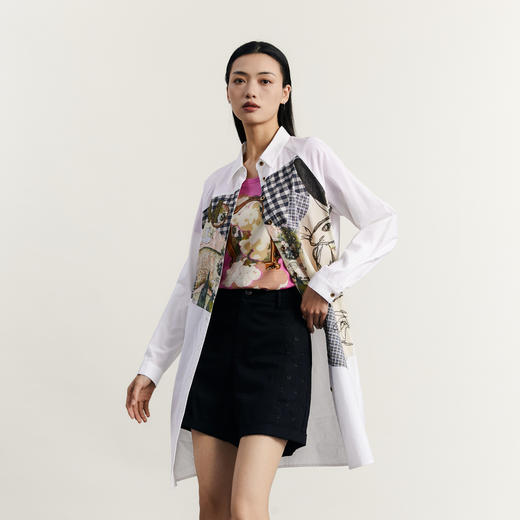 谜底宽松拼接连衣裙长袖2023秋新款复古文艺印花中长裙233ML1107 商品图1