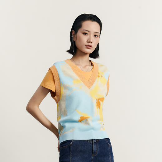 谜底V领套头针织衫背心女2023秋新款文艺风百搭宽松毛衫233MZ1292 商品图1