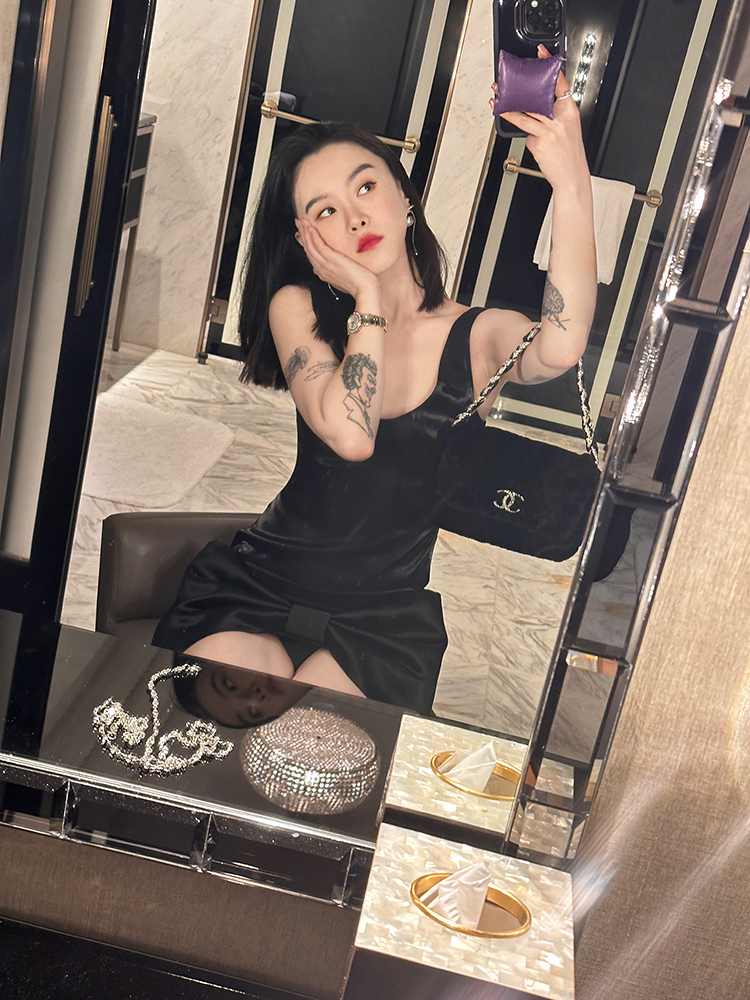 DUO智仙生 黑标珠光宴舞进口小黑裙系列蝴蝶结裙摆连衣裙