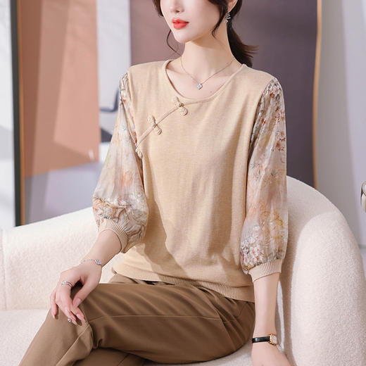 V领中袖七分袖上衣，女早秋t恤新中式女装中年妈妈秋装纱袖针织衫薄CC-28-3387 商品图3