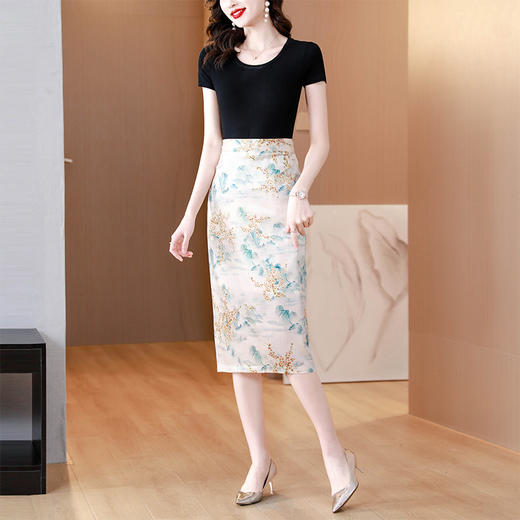 青山绿水复古国风印花，缎面半身裙A型包臀裙AHM-yme7070 商品图1
