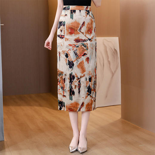 仿真丝缎油画印花，开叉包臀裙优雅高腰显瘦半身裙AHM-yme7088 商品图2