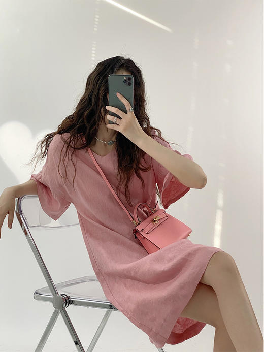 YX【现货7天】荷叶袖连衣裙2023年新款女夏季显瘦气质名媛宽松直筒裙中长款裙子 商品图0