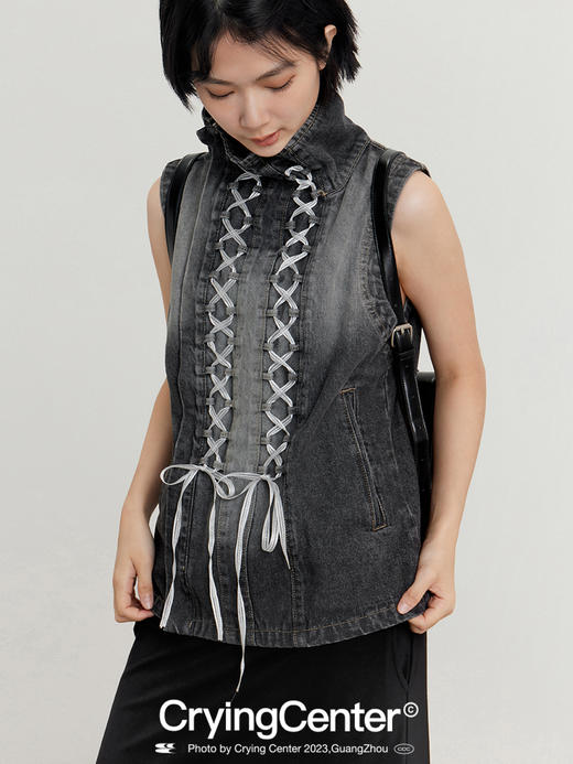 CryingCenter 做旧绑带牛仔马甲外套 朋克芭蕾千禧y2k  哭喊中心 商品图1