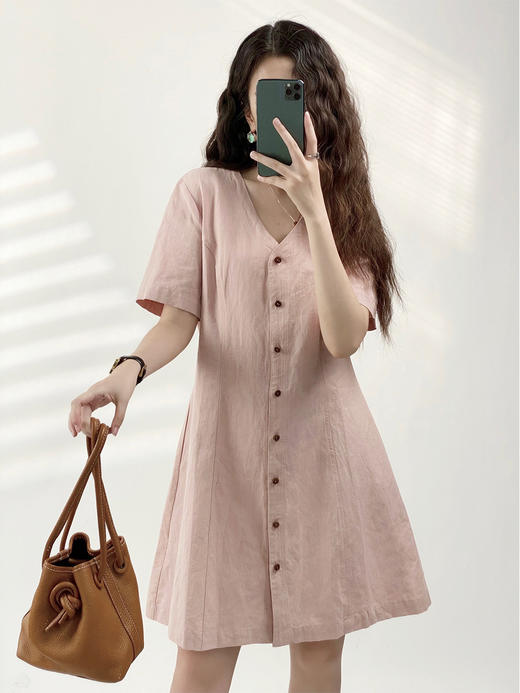 YX【现货7天】法式通勤气质亚麻连衣裙女2023夏季新款设计感单排扣短袖a字裙 商品图1