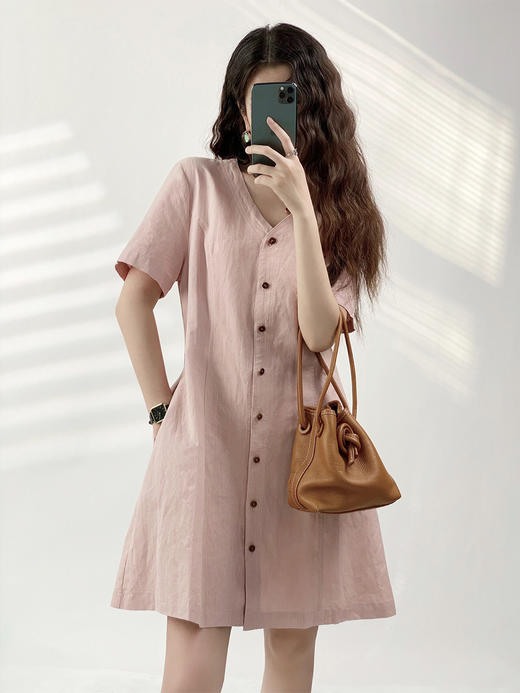 YX【现货7天】法式通勤气质亚麻连衣裙女2023夏季新款设计感单排扣短袖a字裙 商品图4